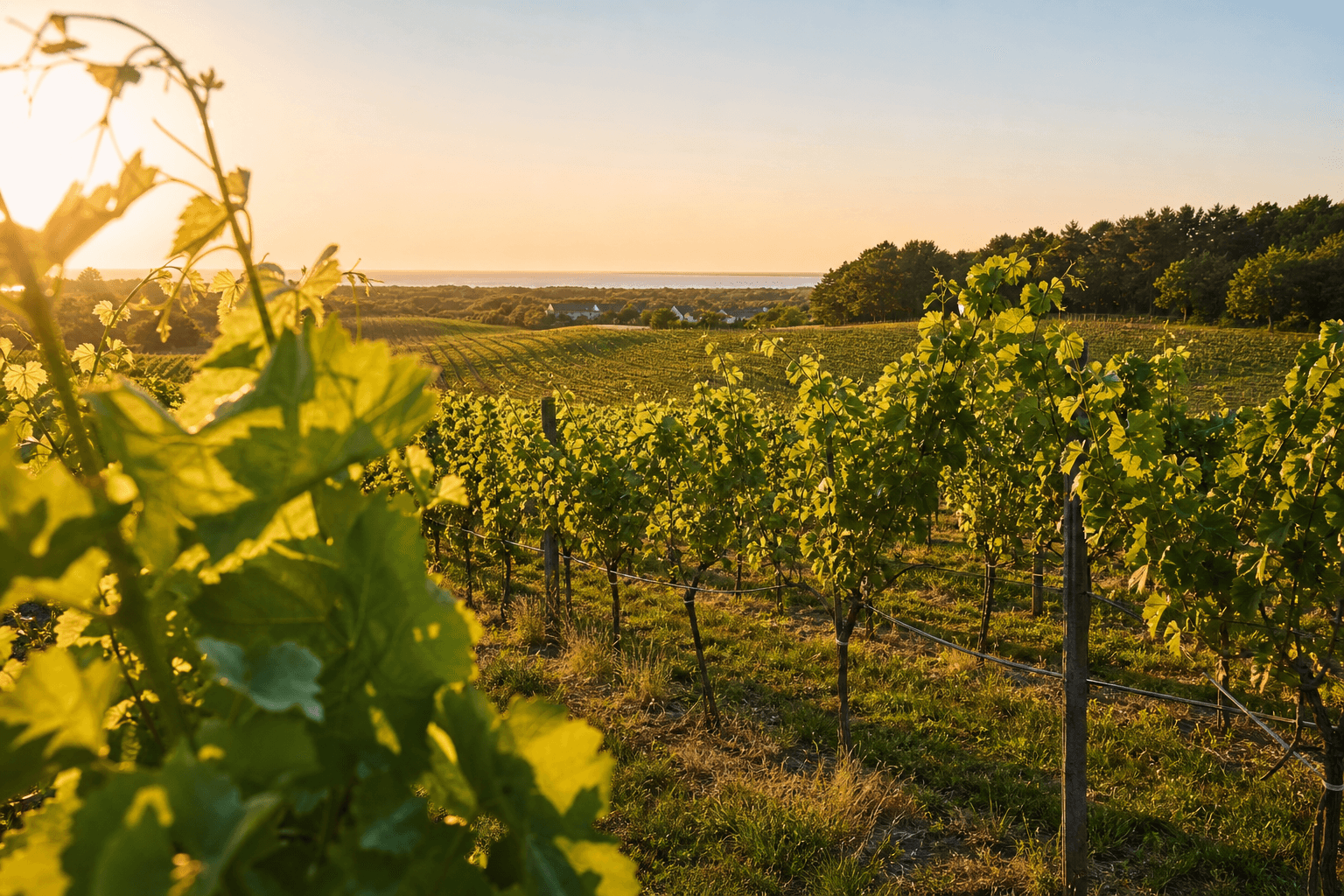 Vineyard rows on the South Fork at golden hour